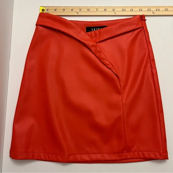 AKIRA Faux Leather Crossover Front Mini Skirt-Orange Red - Picture 5 of 9